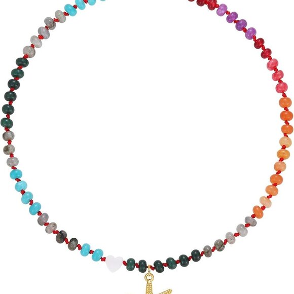 Starfish Beaded Necklace for Women, Colorful Boho Gemstone Bead Pendant Choker N - Picture 1 of 7